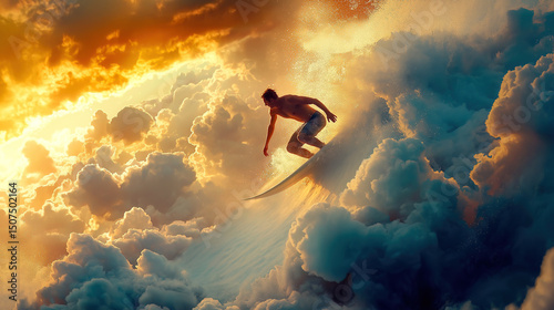 Wallpaper Mural A stunning depiction of a surfer riding a wave amidst clouds illuminated by the golden hues of sunset, creating a surreal, dreamlike atmosphere that inspires awe and adventure. Torontodigital.ca