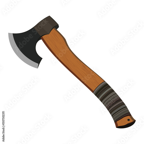 Hand axe with wooden handle and sharp black blade isolated on white background vector