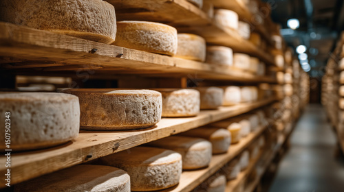 aged cheese wheels stored on wooden shelves in cellar, perfect for illustrating traditional food production, culinary blogs, or artisan dairy promotions photo