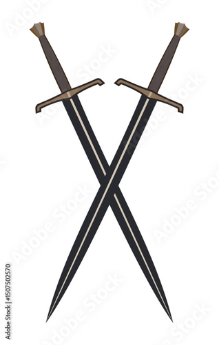 Crossed medieval swords with dark handles and sharp pointed blades isolated vector