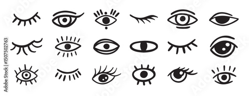 eyes and lashes doodle hand drawn icon set. Outline drawing line clipart symbol collection