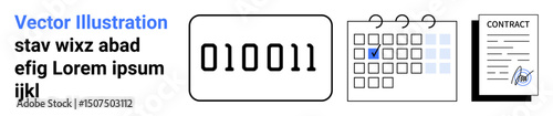 Binary code in rectangular frame, a marked calendar for planning and scheduling, and signed contract. Ideal for productivity, technology, organization, planning, legal, deadlines simple landing page