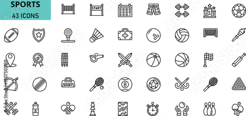 Sports Icon Set. 43 Fitness, Ball, Game, Equipment, Competition Vector Symbols