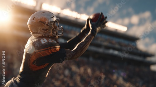 Athlete Catching Football during Game Play in Stadium with Crowd