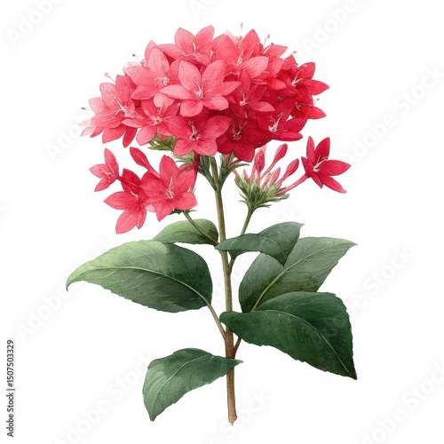 botanical watercolor illustration pentas Illustration of vibrant pink flowers with green leaves. white background