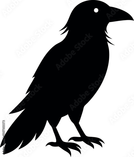 A black silhouette raven on a white background

