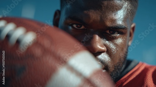 Intense African American Football Player Staring with Determination