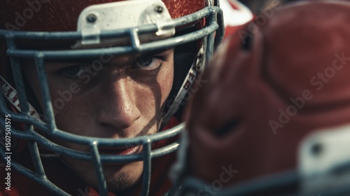 Intense Portrait of Young Football Player in Protective Gear