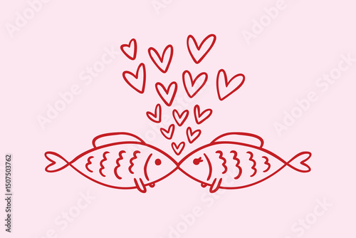 two kissing fish and hearts floating like bubbles. Doodle hand drawn outline characters fish kiss love icon. Valentines Day or greeting cards, prints and stickers