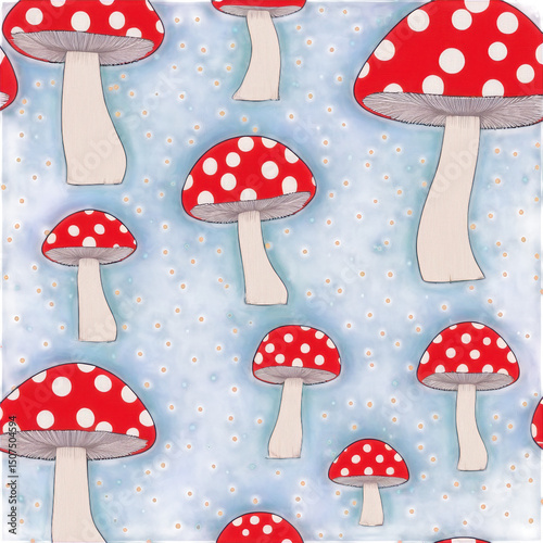 Enchanted Polka Dot Mushroom Patch Seamless Pattern Design for Fabric, Wallpaper, and Digital Prints
