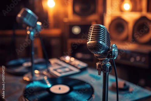 Vintage microphone and classic record player set up together in a nostalgic room filled with character photo