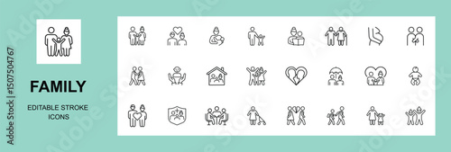 Family Line Editable Icons set. Vector illustration in thin line modern style of parenthood related icons: parents, grandparents, children, adoption, and more.