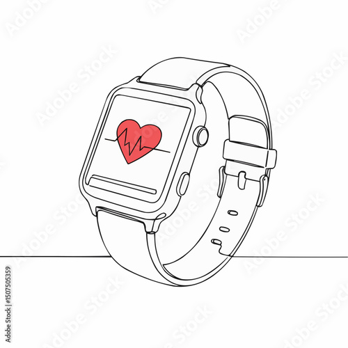 A smartwatch displaying a red heart icon, symbolizing health monitoring. The sleek design evokes a sense of modern technology