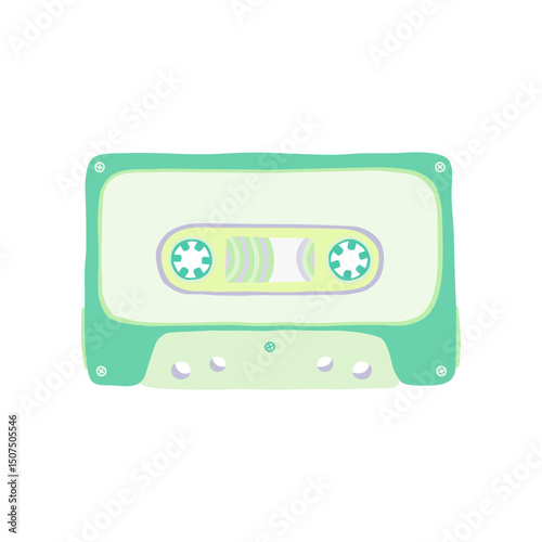 Illustration of an audio cassette tape with green color palette and a cartoon cute flat design. Analog media for recording and listening to music.