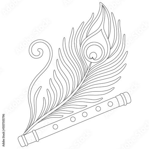 Peacock Feather and Flute line art vector design. Peacock Feather and Flute outline illustration design.