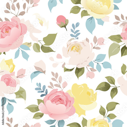 High-resolution seamless floral pattern, luxury roses and peonies in pastel pink and cream, clean vector lines, designed for packaging, wallpapers, or textiles, Illustrator-friendly, EPS format,