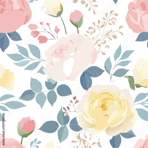 High-resolution seamless floral pattern, luxury roses and peonies in pastel pink and cream, clean vector lines, designed for packaging, wallpapers, or textiles, Illustrator-friendly, EPS format,