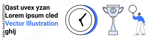Clock representing time tracking, trophy for success, person holding balloon symbolizing creativity. Ideal for productivity, success, motivation, achievement, personal growth, time planning simple