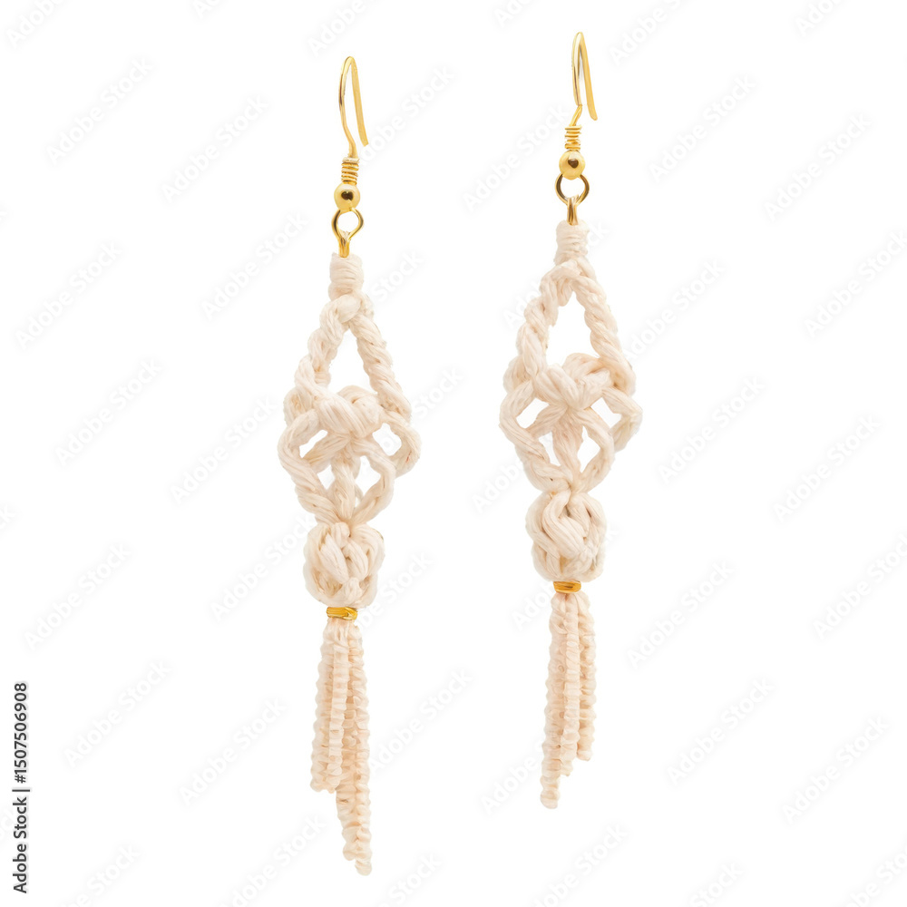 Fototapeta premium Delicate Macrame Earrings Minimalist Knotted Drop Earrings in Cream, Handmade Jewelry