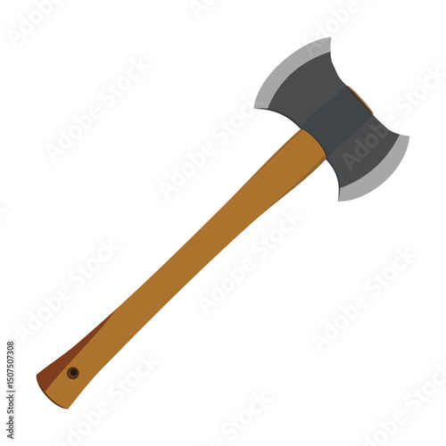 Double-headed axe with wooden handle and sharp metal blades isolated vector