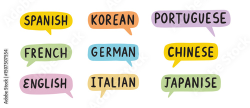 English, Chinese, German Learn new language. French, Italian, Spanish lettering doodle hand drawn text. Japanese, Portuguese, Korean speech bubble set.