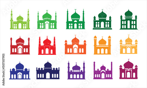 Colorful Mosque silhouette vector icon set illustration on white background.	