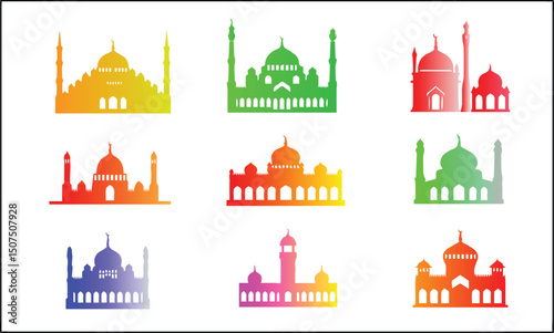 Colorful Mosque silhouette vector icon set illustration on white background.	
