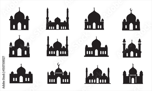 Colorful Mosque silhouette vector icon set illustration on white background.	
