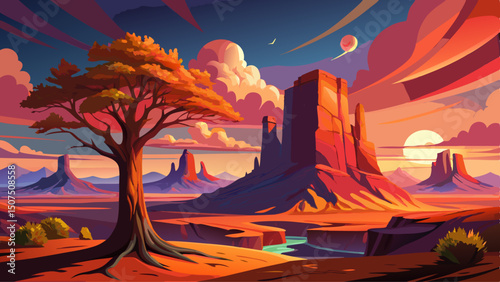 A stunning scenic view captures a solitary tree standing tall against the vibrant hues of Monument Valley at sunset, where warm golden light bathes the iconic red rock formations, creating a breathtak