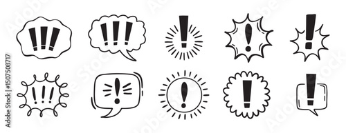 exclamation mark icon with bubble chat set, comix exclamation mark icon doodle hand drawn. Outline line drawing clipart symbol