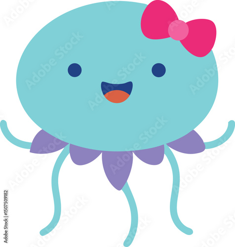 A happy jellyfish wearing a cute little bow vector art illustration