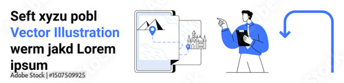 Man pointing at tablet highlighting travel planning with map pins, images, and landmarks. Ideal for tourism, navigation, mapping, travel apps, presentations, education simple landing page