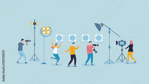 Behind the scenes a lively photoshoot capturing dynamic models under bright studio lights creative teal