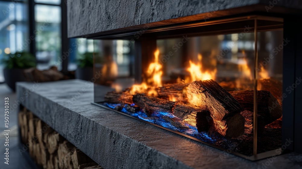 Fototapeta premium Luxury glass fireplace with vivid flames and blue embers as centerpiece of modern interior with natural stone and wood accents