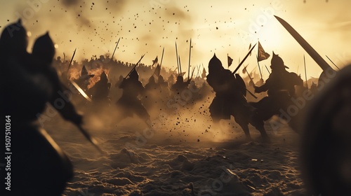 Medieval warriors engaged in dusty battlefield combat