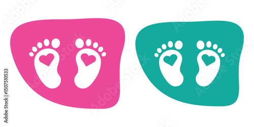 Baby footprint in the heart.Vector stock illustration for poster. Symbol of pregnancy or childbirth.White baby footprints in black heart.Baby footprints inside of  heart. Pink and Blue Baby Footprint.
