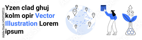 Woman holding book, global world map with pinpoint locations, plant with upward arrows. Ideal for education, global reach, innovation, sustainability, logistics, research simple landing page