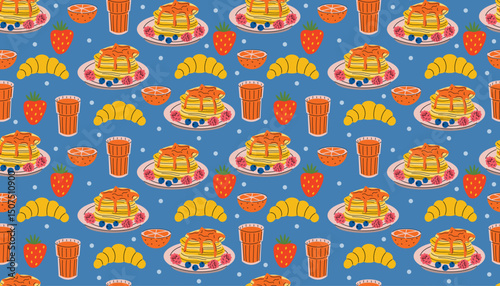 Seamless breakfast pattern in cartoon flat style featuring pancakes on plates, orange juice, strawberries, and croissants. Cozy design perfect for food-themed prints, kitchen decor, or packaging.