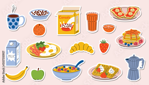 Set of stickers with Breakfast. Fried eggs with bacon, cereals, fruits and coffee, pancakes and orange juice in cartoon flat style. Morning meal collection of labels.