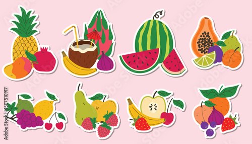 Set of stickers with fruits still life. Tropical snack compositions set. Summer juicy fruits labels collection. Watermelon and coconut, citruses and berries.