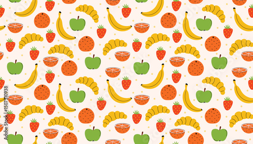 Bright seamless pattern in flat cartoon style featuring tasty apples, juicy strawberries, sweet oranges, and croissants. Great for kids’ prints, food packaging, or cheerful surface decoration.