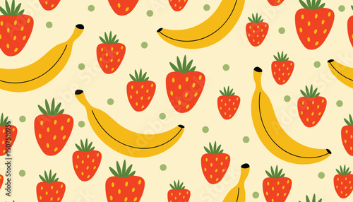 Seamless pattern with bright strawberries and bananas in cartoon flat style. Playful fruity design great for kids products, kitchen textiles, summer prints, packaging, and wrapping paper.