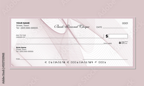 Editable Printable Bank Check in Vector Format with guilloche pattern