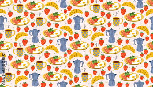 Fun seamless pattern in flat cartoon style featuring plates with eggs and bacon, coffee makers, strawberries, croissants, and hot coffee. Perfect for breakfast prints and cozy culinary decor.