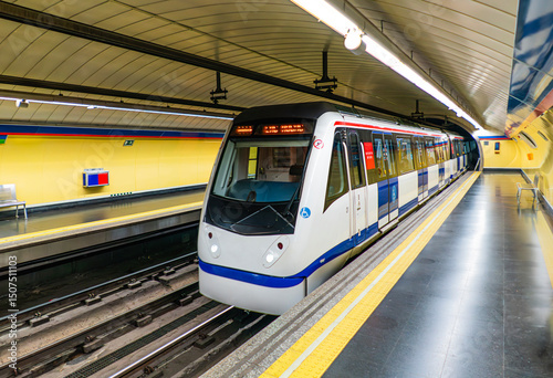 Modern Metro Train at Underground Platform in Madrid, Spain