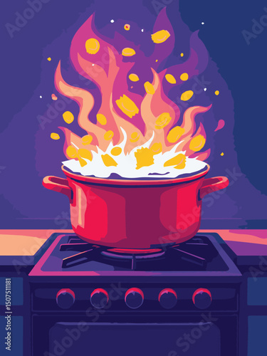 Red Pot Exploding with Flames – Action Cooking Illustration
