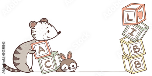 Cute animals with building blocks, cartoon illustration of bear and rabbit playing with alphabet cubes, children's vector design