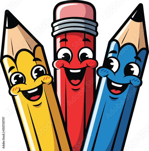 Funny cartoon pencil character with a smiling face and colorful design