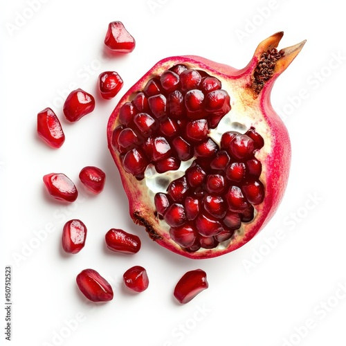 Fresh Pomegranate Halved with Juicy Seeds and Red Arils on White Background