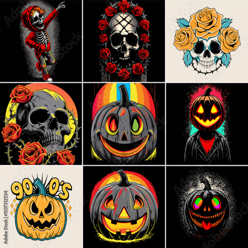 Nine spooky halloween designs skulls pumpkins and roses